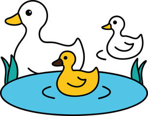 ducks swimming in a pond outline illustration on white background