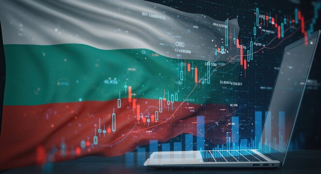 Open laptop with a glowing screen displaying charts or data visualizations, set against a large Bulgarian flag backdrop.  - Powered by Adobe