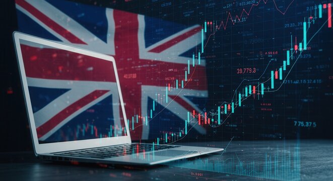 Laptop with trading chart hologram and United Kingdom flag as background - Powered by Adobe