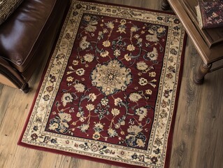 Maroon and beige floral patterned rug on wood floor