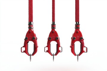 Three red ice climbing tools hanging on white background