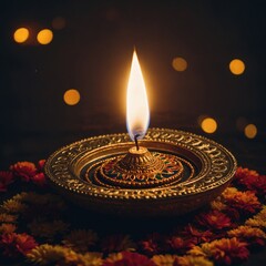 Ornate oil lamp with flickering flame surrounded by marigold petals