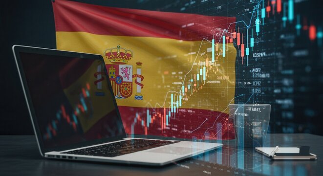 Open laptop with a glowing screen displaying charts or data visualizations, set against a large Spanish flag backdrop.