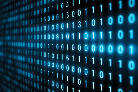 Glowing blue binary code streams across a dark digital plane