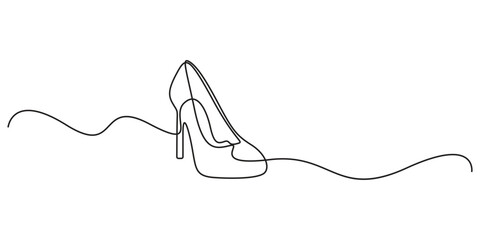 Elegant high heel shoes are drawn with continuous one line on a white background. Minimalist and fashionable vector illustration