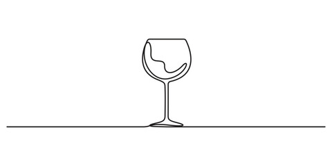 Continuous single line drawing of wine glass, wine glass one line art, linear style, isolated on a white background. Doodle vector illustration