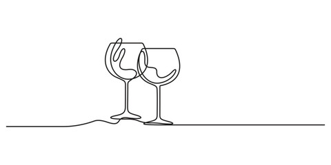 Single line drawing of two glasses of red wine, Two glasses of red wine in one continuous line drawing. Champagne toast and cheers in simple linear style. Alcohol and cocktail drink menu graphic art