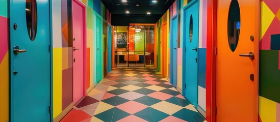 View of the colourful and vibrant soho shared working space with many colourful doors and geometric patterns