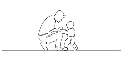 Continuous one line drawing of father playing with his child. Father's Day concept. Single continuous line drawing of Father and son baby beginning to walk. Vector illustration