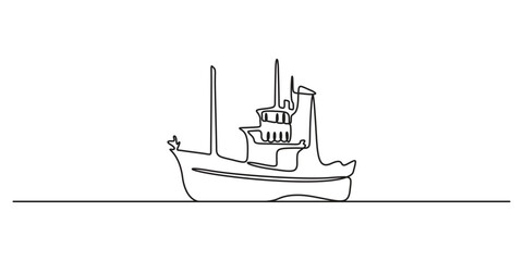 Continuous one line drawing fishing boat vector illustration