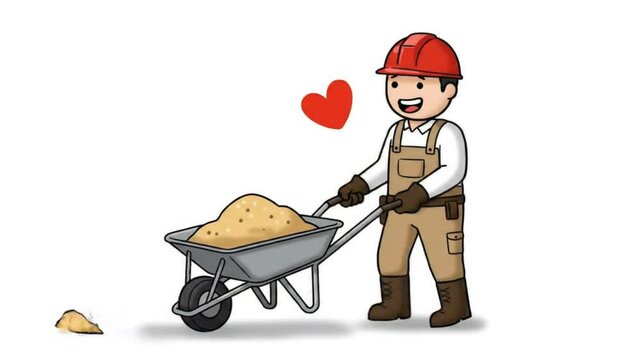 Cartoon construction worker pushing wheelbarrow with sand