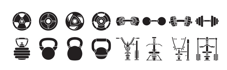 Fitness tool silhouette icon set. Gym equipment filled solid symbol sign vector collection. Dumbbell, kettlebell, weight plate and lat pulldown machine for weightlifting, bodybuilding, workout