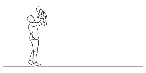 Father's Day greeting card. Continuous one line drawing of dad tosses a toddler. Father with son vector illustration