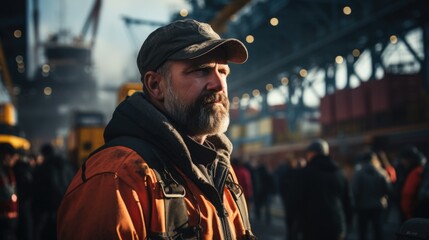 Transportation shipping, Crane operator in a busy seaport, cargo containers in the background.