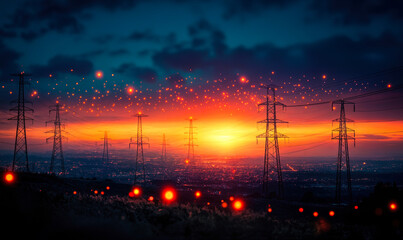 Electricity power lines at sunset with glowing energy particles over urban landscape high voltage transmission towers and vibrant sky background