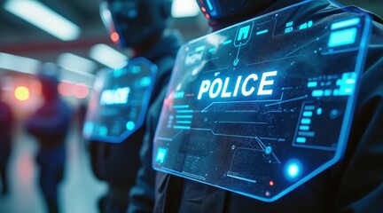 Futuristic police officers with high-tech displays in a neon-lit environment.