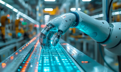 Robotic hand operating digital control panel with glowing interface in high-tech industrial automation factory environment close-up