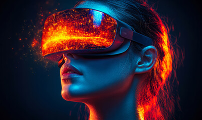 Futuristic woman wearing virtual reality headset with glowing orange digital cityscape and cyber effects in dark background for technology innovation concept