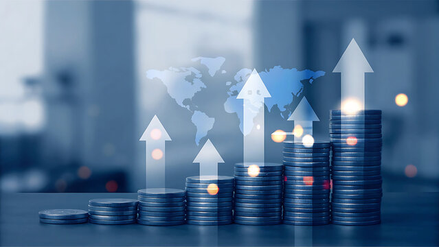 Saving money wealth concept. Stack of silver coins with up arrow. driven by higher interest rates and steady growth in money investments. finance, growth, increase, interest, money, profit, stock, tax