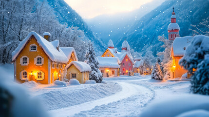 Snow covered village houses illuminated with warm lights during winter evening with mountains and snowfall in background