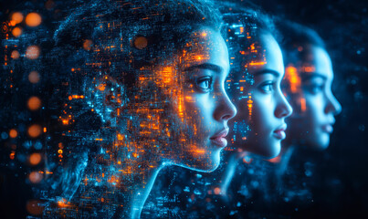 Futuristic female faces with digital data overlay glowing blue and orange cyber technology concept artificial intelligence and human integration profile view