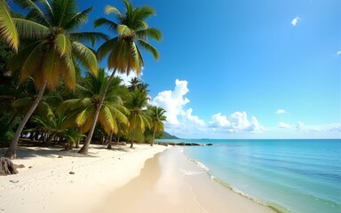 Bright scenic view of an empty, palm-fringed tropical beach in northeast Bahia, Brazil. High quality