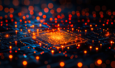 Close-up of glowing microchip circuit board with blue and orange lights representing digital technology and futuristic electronics concept with bokeh effects