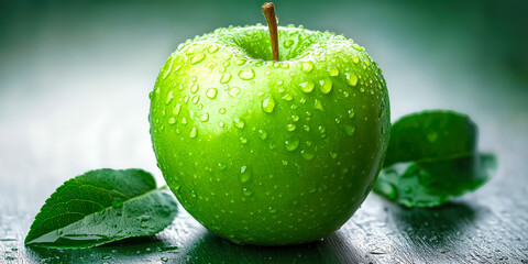 Close-up of fresh green apple with water droplets on smooth skin and natural leaves on blurred background