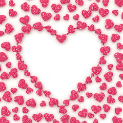 Obraz premium Pink glitter heart shapes frame a blank space. A graphic design of scattered hearts in a heart-shaped frame.