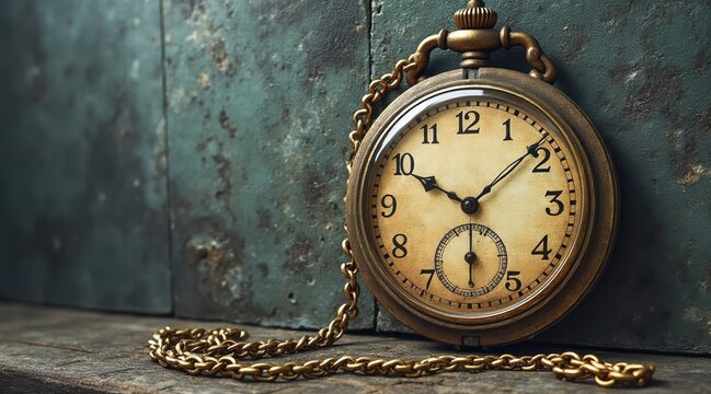 Vintage pocket watch on a rustic surface with a chain.