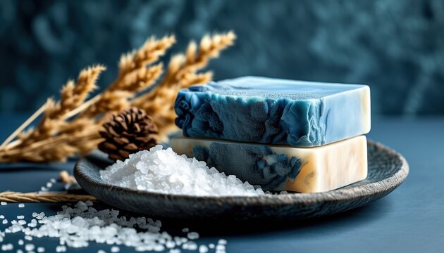 Natural spa soap bars with sea salt and pine cone on ceramic plate for relaxing bath routine with copy space