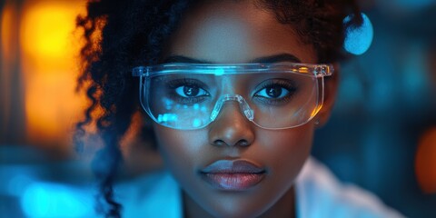 Scientist with protective eyewear engaged in research in a laboratory setting during evening hours