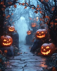 Spooky Halloween party scene with a foggy graveyard setting including carved jack-o'-lanterns, spooky decorations and a mysterious atmosphere.