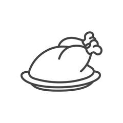 Roasted turkey on plate. Monochrome hand drawn illustration of poultry dish on white background. Vector 10 EPS.