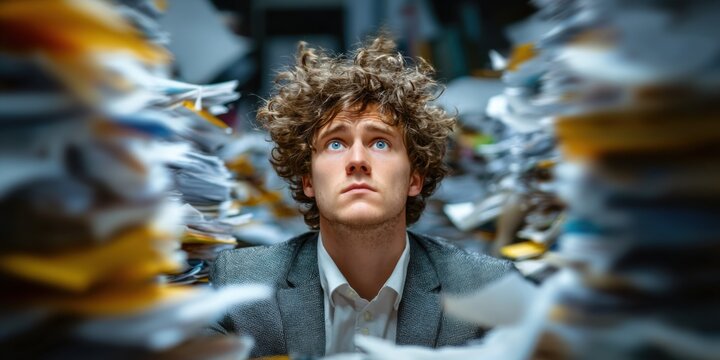 Young professional surrounded by paperwork in an office, looking up in contemplation on a busy weekday afternoon