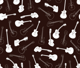 The seamless brown background with different guitars.
