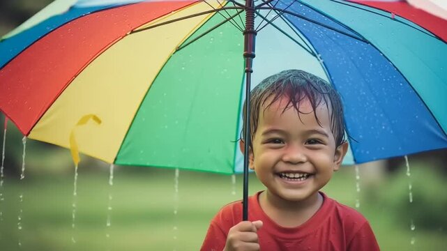 Child holding colorful umbrella in rain