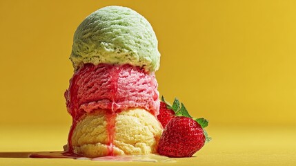 Three vibrant scoops of ice cream pistachio, strawberry, and lemon are precariously stacked against a sunny yellow backdrop. Melting drips add a touch of summery indulgence 