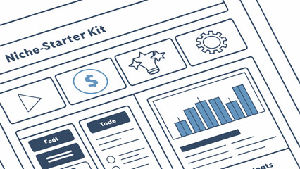 Illustration of a niche starter kit interface with various icons and data visualizations displayed within it