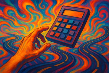 Surreal Calculation A Hand Reaching for a Calculator Amidst Abstract Swirling Roads and Sky