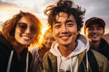 group of friends having fun at the beach, group of happy people, A group of young friends took selfies at the beach, fashion style, holding beer glasses at sunset on the beach.