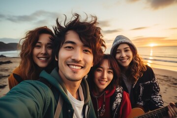 group of friends having fun at the beach, group of happy people, A group of young friends took selfies at the beach, fashion style, holding beer glasses at sunset on the beach.