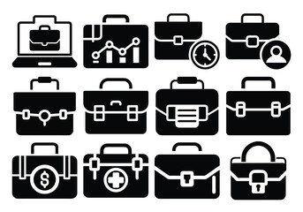 Silhouette Set of Business Briefcases in Various Styles on White Background

