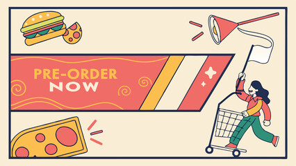 Fototapeta premium Illustration of a pre order now banner with a woman running with a shopping cart and food images around it