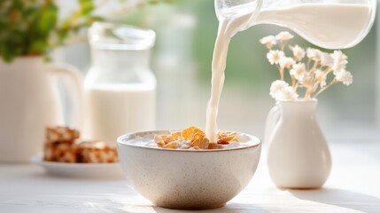 Fresh Breakfast with Milk Flowing into Bowl of Cereal in Morning Light