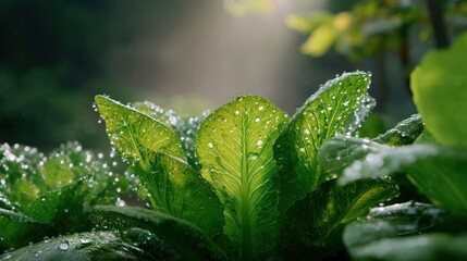 Fresh Green Lettuce Leaves with Water Drops in Natural Light