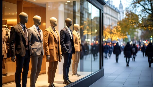Shop window display of mannequins in suits