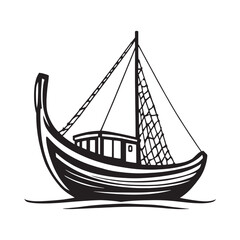 Hand drawn fishing boat vector line art illustration