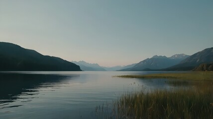 Calm lake surrounded by mountains and vegetation under a clear sky at daytime landscape view