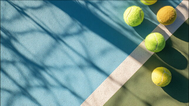 Tennis court from above perspective, scattered bright lime green tennis balls across blue court surface